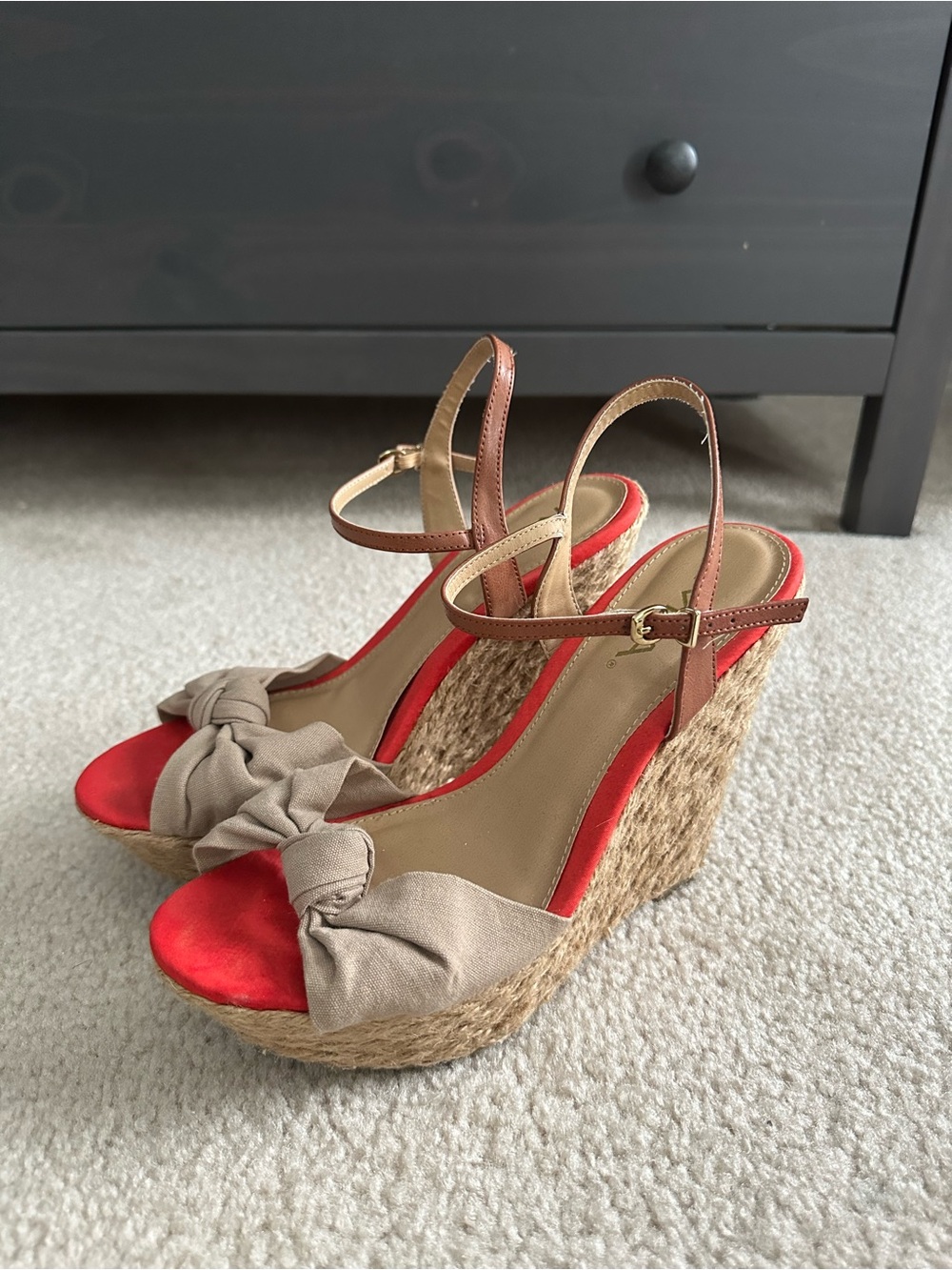 MIA Red and Beige Espadrille Wedge Sandals with Bow